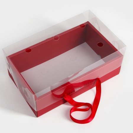 Gift box with a bow, handles and a transparent lid 35 x 21 x 15 cm red-3
