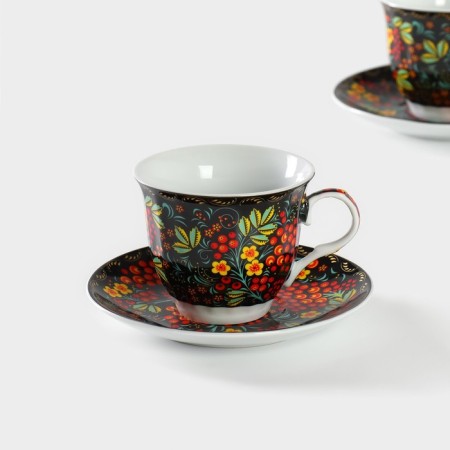 Set of ceramic tea shade "Russian pattern", 4 items: 2 cups 210 ml, 2 saucers, color colorful color-2