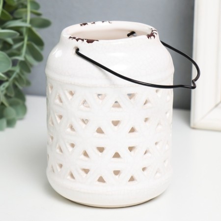 Ceramics candlestick for 1 candle "Lantern. Rombs" White 9x9x12 cm-1