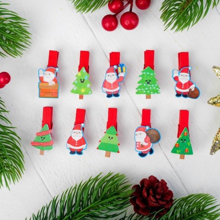Set for photos and decor "New Year", in a set of clothespins 10 pcs., Rope - 100 cm-1