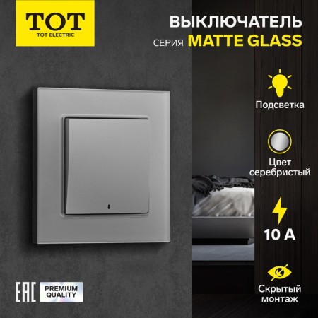 Tot Matte Glass switch, 10 a, 1 cl., With backlight, hidden, glass, silver