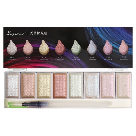 Watercolor paints, mother -of -pearl, + brush, in a plastic box, 8 colors